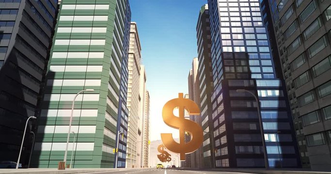 US Dollar Sign In The City - Business Related Aerial 3D City Street Flight Animation