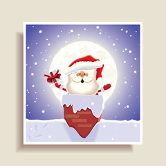 Christmas postcard-Santa Claus shares gifts through a chimney with a snowfall and moon on the background.Vector illustration.