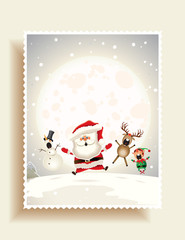 Christmas postcard-Santa Claus,Reindeer,Snowman and Elf jumping and singing Christmas carol on the north pole.