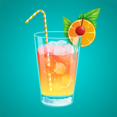 Colorful cocktail with straw and orange slice isolated on blue background. Vector illustration.