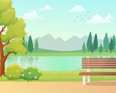 Background of park  and bench with a lake view. Spring season with trees and bushes. Vector illustration.