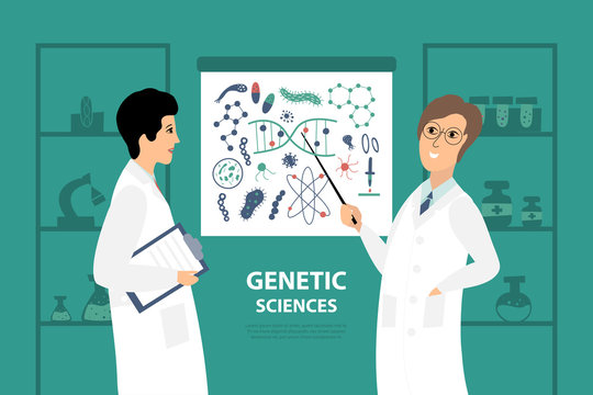 Vector illustration with two scientists in the laboratory.