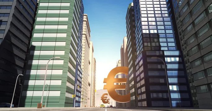 Euro Currency Sign In The City - Business Related Aerial 3D City Street Flight Animation