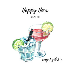 Happy hour hand drawn watercolor illustration with two cocktails. Cosmopolitan and moscow mule fresh cocktails garnished with lime, top front view.