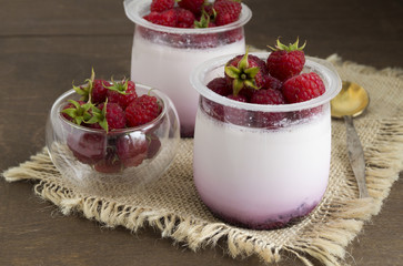 Homemade healthy diet yogurt with raspberries. selective focus