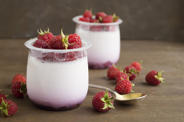 Homemade healthy diet yogurt with raspberries. selective focus