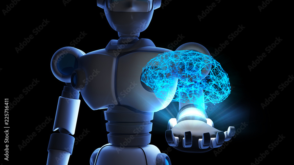 Poster robot holding human brain in virtual display isolated on binary data number background, artificial i
