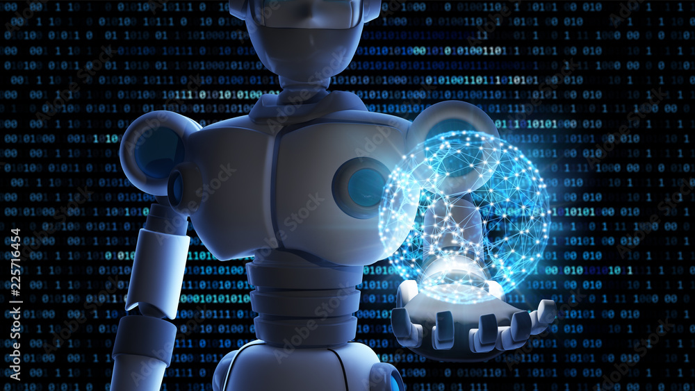 Aufkleber robot holding the planet earth in virtual display isolated on binary data number background, artific