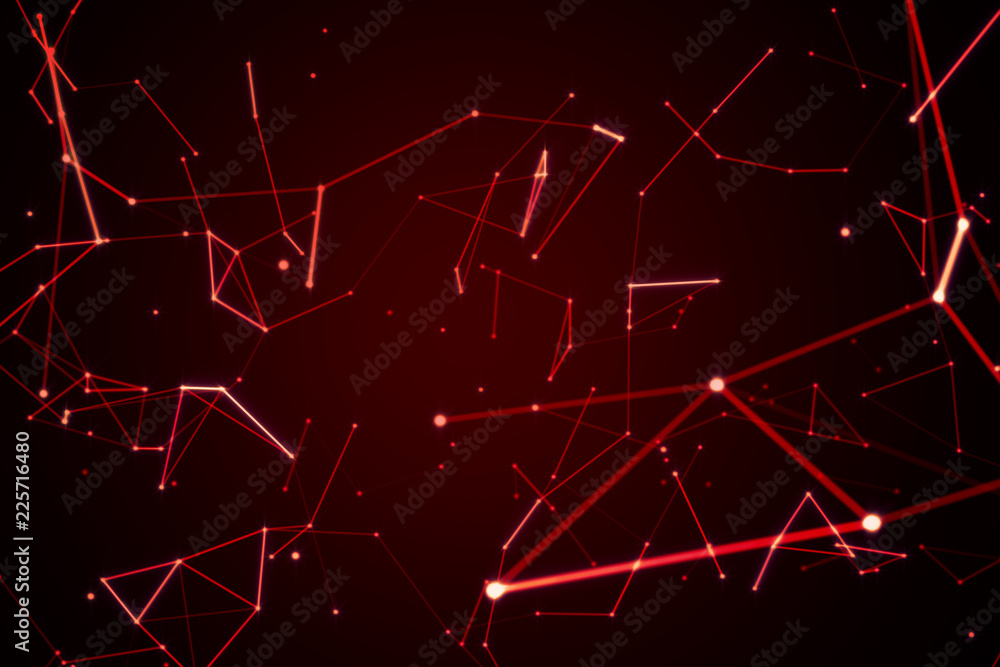 Poster red digital data and network connection triangle lines for technology concept on black background, 3