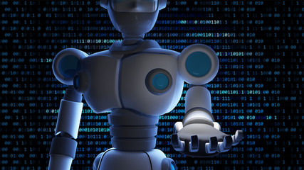Robot open his hand with empty space and binary data number background, Artificial intelligence in futuristic digital technology concept. 3d illustration