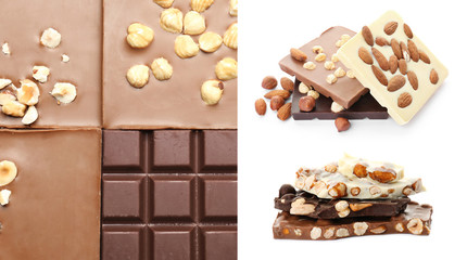 Set with different kinds of delicious chocolate and nuts on white background