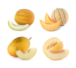 Set with sliced fresh ripe melons on white background