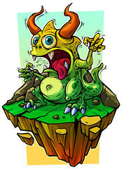 Cartoon funny green monster on stone rock