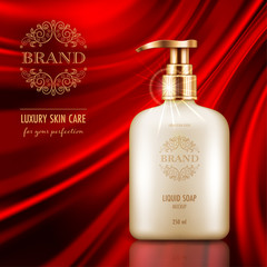Cosmetic advertising poster with realistic containers for skin care products on red smooth satin fabric background. Mockup for promoting your brand