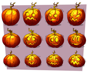 Cartoon colorful halloween pumpkins vector set