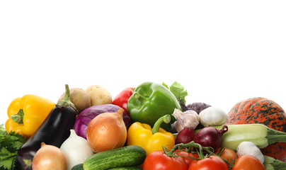 Heap of fresh ripe vegetables on white background. Organic food