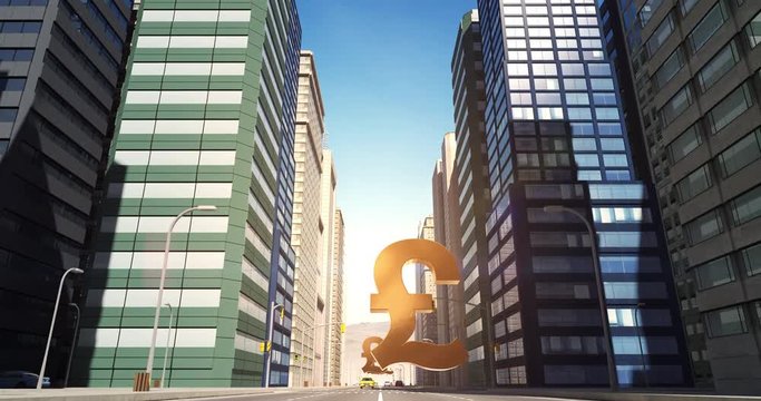 British Pound Sign In The City - Business Related Aerial 3D City Street Flight Animation