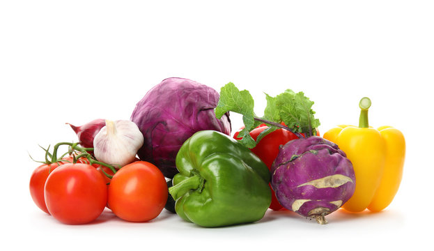 Fototapeta Heap of fresh ripe vegetables on white background. Organic food
