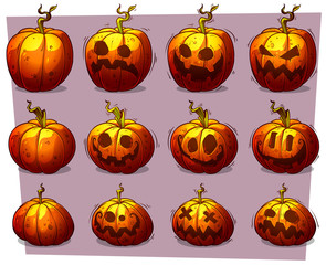 Cartoon colorful halloween pumpkins vector set