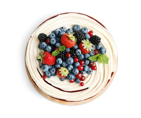 Delicious homemade red velvet cake with fresh berries on white background, top view