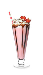 Glass of tasty milk shake on white background