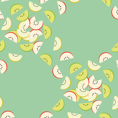 Pattern of slices of watermelon, apple, kiwi, orange, tangerine, melon - sweet urashenie on a green background