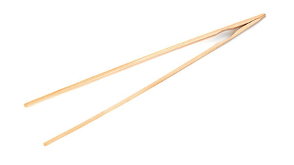 Tongs made of bamboo on white background, top view