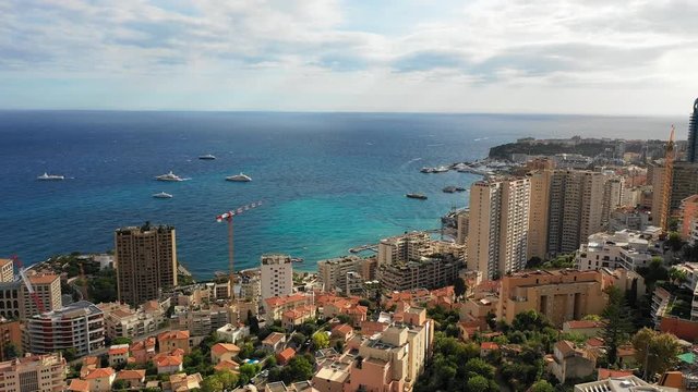 Aerial panoramic view of skyline of Monte Carlo, landscape panorama of Monaco from above, Europe