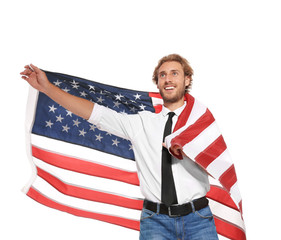 Young man with American flag on white background
