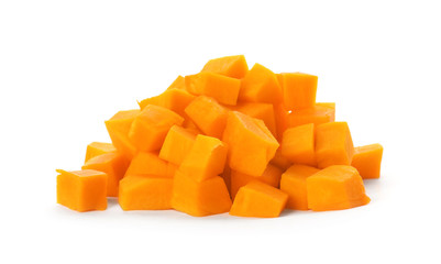 Heap of fresh raw pumpkin pieces isolated on white