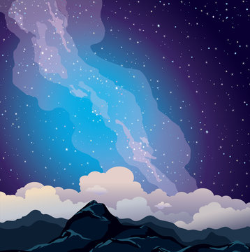 Milky way, night sky, mountains. clouds