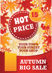 Autumn sale flyer with autumn leaves of maple. Design template of promo poster or banner for shopping sale. Vector background