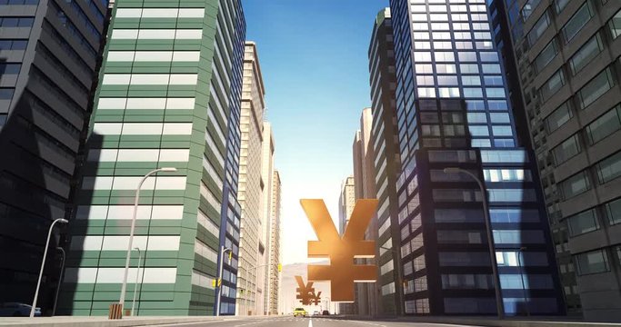 Japanese Yen Sign In The City - Business Related Aerial 3D City Street Flight Animation