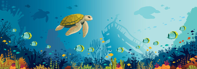 Fototapeta premium Podwodna przyroda - żółw, rafa koralowa, ryby, zatopiony statek, morze.