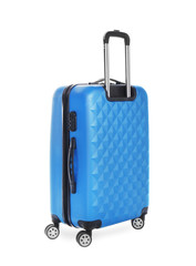 Blue suitcase for travelling on white background