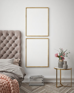 mock up poster frame in hipster interior background, bedroom, Scandinavian style, 3D render, 3D illustration