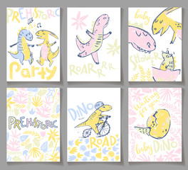 Cute cards with dinosaurs. Party invitation, baby shower, poster