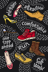 Collection of hand-drawn boots for men and women with lettering on black background