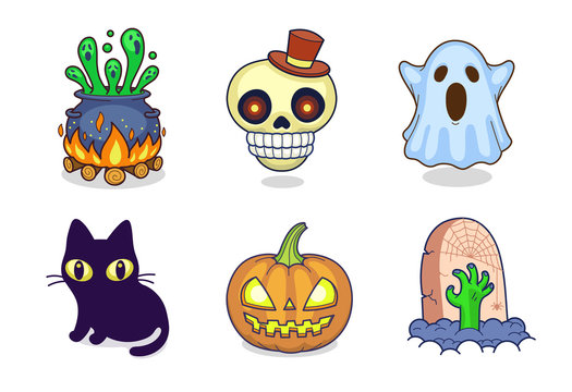 A Collection Of Halloween Holiday VIrtual Gifts And Icons: Cauldron, Skull, Ghost, Black Cat, Pumpkin, Grave