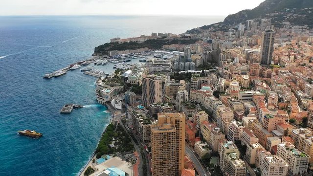 Aerial panoramic view of skyline of Monte Carlo, landscape panorama of Monaco from above, Europe