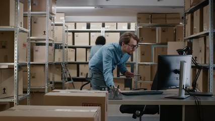 Timelapse of the Busy Workers in the Warehouse with Rows of Shelves Full of Cardboard Boxes and Packages with Products Ready for a Shipment