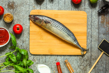 fish mackerel and nador ingredients. top view.