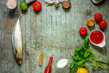 fish mackerel and nador ingredients. top view.