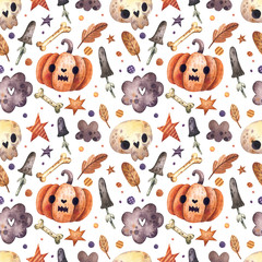 Watercolor seamless pattern with Halloween elements, ghosts, bones, pumpkins and stars. Hand drawn Halloween pattern.