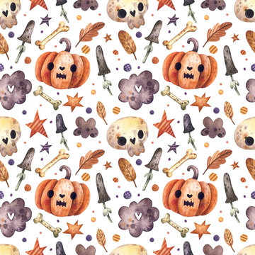 Watercolor seamless pattern with Halloween elements, ghosts, bones, pumpkins and stars. Hand drawn Halloween pattern.