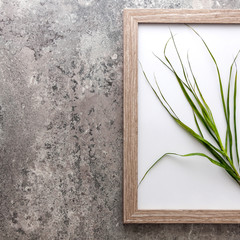 Concrete wall wabi sabi with a wooden frame with natural grass instead of graphics