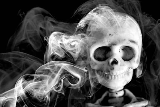Skeleton skull emerging from a cloud of smoke / high contrast image