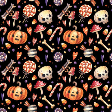 Watercolor seamless pattern with Halloween elements, ghosts, bones, pumpkins and skulls. Hand drawn Halloween pattern.