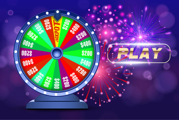 Vector fortune wheel, Online casino design concept. 3d object on abstract defocused circular blue bokeh background. Wheel of luck. Whill of fortune with play button.