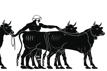 Hercules kidnaps cows herd of Gerion. 12 exploits of Hercules. Figure isolated on white background.
